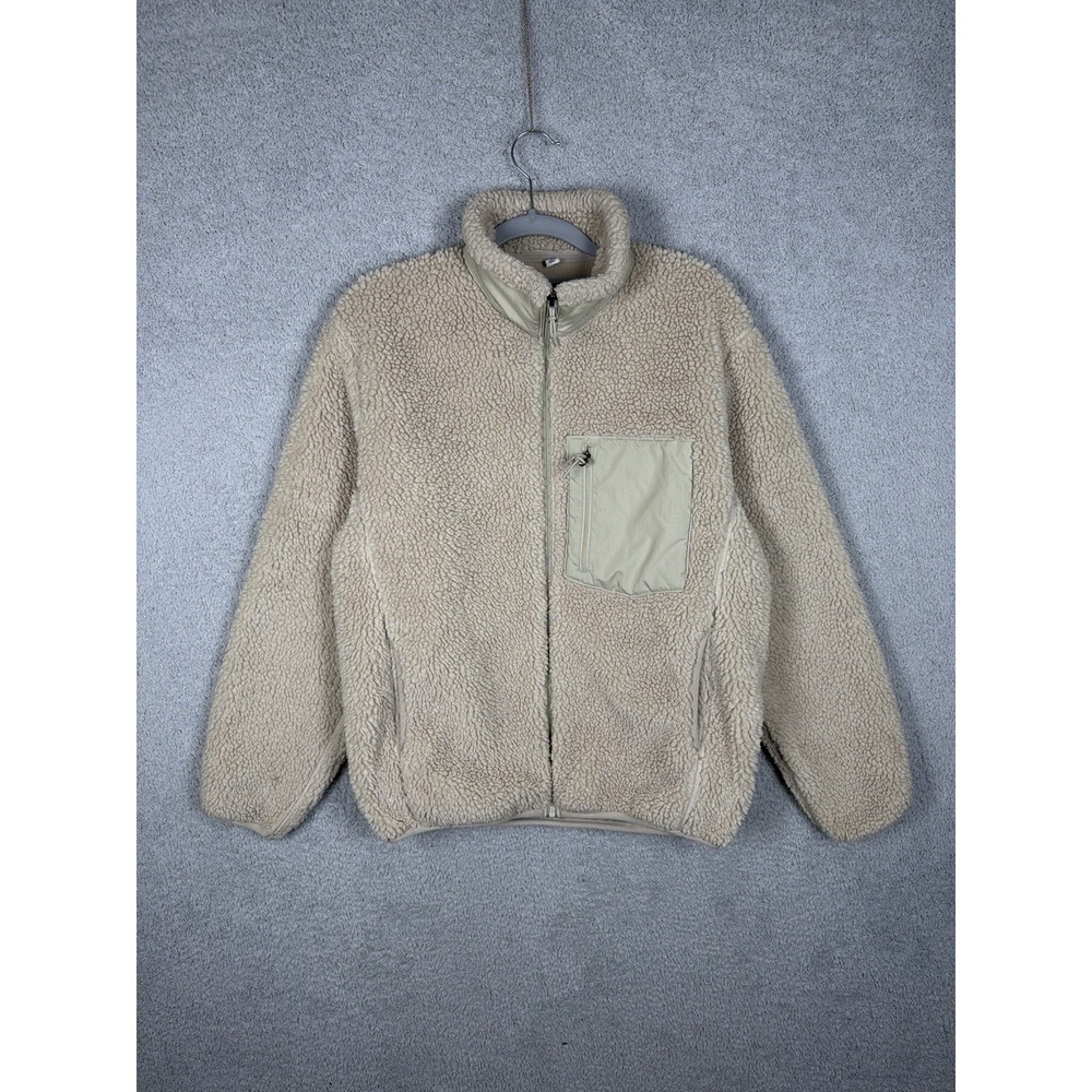UNIQLO Sherpa Fleece Jacket Windproof Hiking Outer Full Zip Mens Size XS Beige